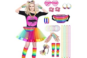 Crusward 80s Fancy Dress for Women Girls, 1980s Fancy Dress Costume Accessories Set, Women 80s T-Shirt Tutu Skirt Bumbag Leg Warmer Earrings Fishnet Gloves Necklace Glasses Bracelet Headband
