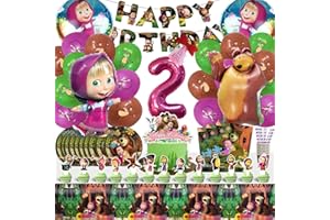FORNINC Mascha Geburtstag Deko 2 Jahre, Mascha Ballon Geburtstag, Mascha Party set, Mascha Geburtstag, Kindergeburtstag Besteck set Cartoon, Mascha Deko, Kindergeburtstag Besteck Deko, 101 PCS Party Set