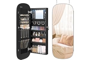SONGMICS Mirror with Storage, LED Mirror Jewellery Cabinet Wall/Door Mounted, Lockable Rounded Wide Jewellery Organiser, 10 x 42 x 108 cm, Black Surface with Black Lining JJC026B01