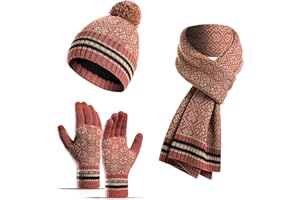 Jarseila Damen Mütze Schal und Handschuhe Set Winter Warme Bommel Beanie Wintermütze Touchscreen Handschuhe Lang Winterschal mit Fleecefutter Geschenk