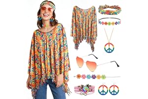 SREBIWO 8 Stück Hippie Kostüm Damen Set mit Hippie Poncho Frieden Zeichen Halskette Ohrringe Stirnband Armbänder Sonnenbrillen 60er 70er Jahre Hippie Kleidung Faschingskostüme Flower Power für Karneval (A)