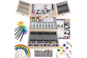 MIAOKE 84 Set de Pintura Niños, Caja de Madera Deluxe y Kit de Dibujo con Lápices de Colores, Pinturas de Acuarela, Pasteles al Óleo, Lápices HB, Acrílica, Pincel, 2 Bloc de Dibujo …