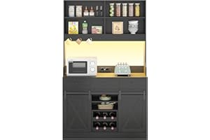 KIMENICH Credenza, Credenza Cucina con Illuminazione a LED, Presa Elettrica, Mobile Buffet, Scaffale Rimovibile, 3 Cassetti, Ripiani Regolabili, Grande Spazio, Cucina, Sala da Pranzo, 103.5*40*180 cm, Nero