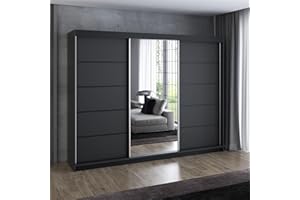 ‎A&J MÖBELLAND A&J MöbelLand Schwebetürenschrank VILANO 2 Kleiderschrank 3-türig 200 cm mit Spiegel, 4 Schubladen & 2 Kleiderstangen, Geräumiger Schlafzimmerschrank (Schwarz)