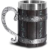OTARTUDE Tazza da birra in legno di quercia medievale norvegese vichinga, con rivestimento in acciaio inox, tazza da caffè co