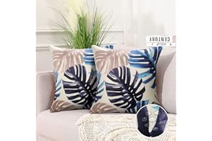 CozyFounder Fundas de Cojines 45x45 CM Verano Exterior Impermeable Azul Funda de Almohada Jardin Decorativa Hoja de Monstera para Sofa para con Cremallera Oculta para Dormitorio Salon 2 Piezas