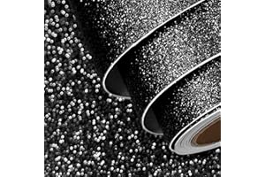 FunStick 40CM×6M Carta Adesiva Nera per Pareti Soggiorno Glitterata Rivestimento Adesivo per Mobili Nero Brillantini Lavabile Cartoncino Colorato Pellicola Nera Adesiva Carta Regalo Elegante Neutra