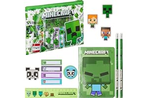 Minecraft Pencil Case and Stationery Set for Kids Filled Pencil Pouch Notebook Sticky Notes Pencils Creeper School Supplies Gamer Gifts for Kids (Green)
