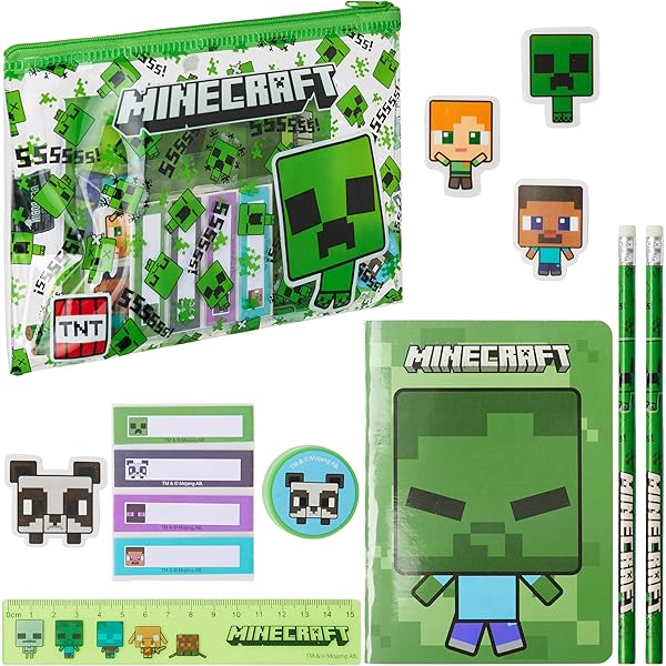 Minecraft - Set di cancelleria con astuccio - Materiale scolastico completo - 2 quaderni, matite colorate, gomma, temperamatite e righello - Design di personaggi e creeper