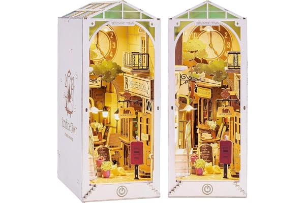 Rolife Book Nook Kit Sunshine Town Puzzle 3D Maquette en Bois à Construire Construction Adulte Booknook Kits pour Étagère Serre-Livres Décor avec LED Lumières Cadeau de Noël