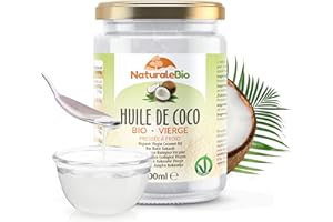 NaturaleBio Huile de Coco Bio Vierge 500 ml. Crue et Pressée à Froid. Organique et Naturel. Huile Bio Native Non Raffinée. Pays d'origine Sri Lanka.