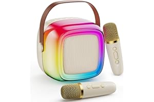 JYX Karaoke Machine for Kids Adults, Portable Bluetooth Speaker with 2 Microphones, Support TF/AUX Input/Funny Magic Voice, Great Gifts for Birthday Party Boys Girls (D32T-White-2 Mics)