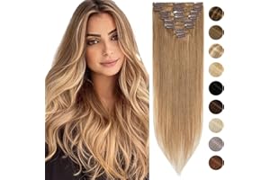 60cm - Silk-co Extensiones de Clip 8 Piezas 18 Clips 100% Cabello Humano Hair Lisa Recta Peluca Postiza 80g Pelo Natural Extensions - 27# Rubio Oscuro