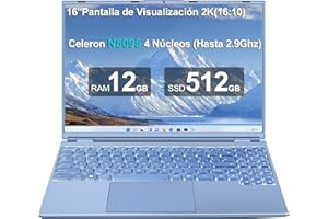 AOCWEI Ordenador Portátil 16 Pulgadas Celeron N5095 Up to 2.9Ghz, Portátil Win 11 con 5G WiFi 12+512GB SSD Expansión 1TB, BT 4.2 Mini Puerto Multimedia Portatiles Ventilador Refrigeración 1920*1200 FHD-Azul
