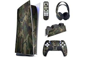PlayVital Skin Kompatibel mit ps5 Konsole Digital Edition,Aufkleber Vinyl-Skin Schutzfolie Stickers für PS5 Konsole,Controller,Ladestation,Headset,Medienfernbedienung-Armee Grün Tarnung