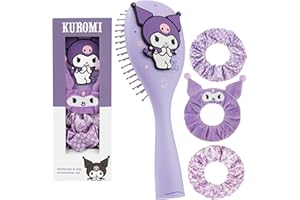 Hello Kitty Sanrio Spazzole Capelli e Scrunchies Set Ragazza Adolescenti, Cinnamoroll Kuromi Kawaii Spazzola Districante da Viaggio, Regali per Lei (Kuromi Spazzola e Scrunchies)
