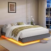 STHYTON Floating Bed Base 140 x 190 cm Extra Large with LED, Dark Grey | Headboard with Storage Compartment, Load Base, Uphol