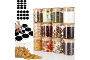 Auauraintt Słoiki na przyprawy, zestaw 12 x 210 ml – kuchenne szklane pojemniki na przyprawy z wysokiej jakości drewnianą pokrywką i etykietami, słoiki na przyprawy z możliwością układania w stos