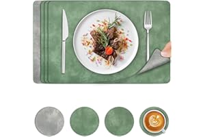 BEIJIE Placemats and Coaster Sets 4 | Dual Sided Leather Place Mats | Heat Resistant Non-Slip Table Mats Set of 4 | Waterproof Washable Wipe Clean | Place Mats for Table for Outdoor Home Dining | Green Grey
