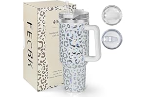 FECBK Thermobecher mit Strohhalm und Henkel 1,2L, 100% Auslaufsicherer Trinkbecher, Edelstahl Vakuumisoliert Kaffeebecher mit Griff, Hält 12 Std Heiß / 34 Std Kalt, Spülmaschinenfest, Weißer Leopard