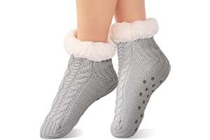 SockWaddles Slipper Socks Women Men, Thick Warm Non Slip Fluffy Socks with Grippers, Soft Fleece Lining Knitted Thermal Slippers for Winter Indoor Home House Floor Bed, Cosy Gift for Ladies Girls 4-10