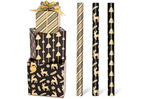 Toptime 3 Rouleau Papier Cadeau Noël, 43 x 3m Noir et Doré Emballage Cadeau de Noël avec Autocollants, Métallisée Papier Cadeaux de Noel avec Arbres Rayures Rennes, pour Nouvel An, Fête, Vacances