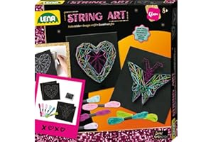 Lena 42650 String Art Kinder Bastelset Schmetterling & Herz - Für Kinder ab 8 Jahren, Kreativset mit Vorlagen für Fadenbilder, Moosgummi-Boards, Stecknadeln & Garne