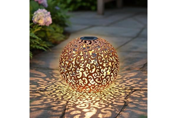 Boule décorative en métal - 28,5 cm - Solaire/lumineuse - Boule solaire blanc chaud aspect rouille