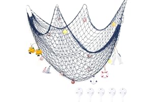 HNJKJEU Decorativa Red de Pesca Náutica con 14 Conchas Velero, Anillo Salvavidas, Peces, Pared Fotos Colgante Navegación Medianera Decoración de Casa Fiesta 200 x 100 cm Azul (con Uñas)