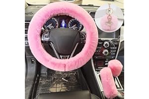 ZYNQACC 4Pcs/Set Fashion Faux Wool Fluffy Steering Wheel Covers with Handbrake Cover & Gear Shift Cover & Pom Pom Keyrings, Universal Thickening Warm Non-Slip Auto Interior, 15 Inch (Light pink)