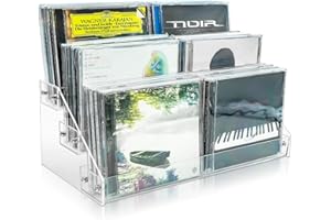 PHILBINDEN 3-Tier Clear Acrylic CD Holder - Cascading Storage Rack for DVD, CD Display & Vinyl Records - Holds 24 Standard Cases for Media Shelf Organization (Clear, Medium Size)