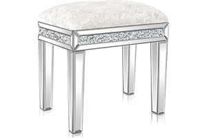 blingworld Mirrored Vanity Stool with Crushed Diamond Inlay Velvet Cushion 19.7'' Tall Stylish Makeup Chair for Bedroom, Vanity Chair, Ottoman for Living Room, White