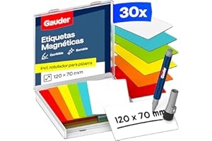 GAUDER Etiquetas Magnéticas Reutilizables - Imanes para Escribir para Pizarra Blanca, Tablero Kanban, Nevera y más - Tarjetas Magnéticas con Rotulador (30 Unidades - 120 x 70 mm)