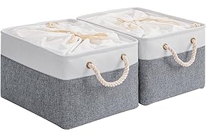 OUTBROS 2 PCS Cesta de almacenamiento grande, 42 x 32 x 26 cm caja de almacenamiento plegable de tela con asas de transporte y cubierta de cordón para toallas, ropa, Gris/Blanco