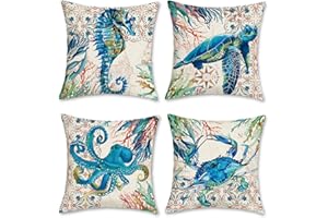 Bonhause 4er Set Kissenbezüge 45 x 45 cm Seeschildkröte Seepferdchen Oktopus Krabbe Ozean Nautisch Polyester Leinen Dekorative Kissenhülle Zierkissenbezüge für Sofa Auto Zuhause Dekoration