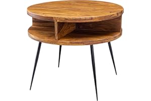 FINEBUY MÖBEL ZUM WOHLFÜHLEN FineBuy kawowy FineBuy Sheesham lite drewno/metal stół 60x45x60 cm salon | Designowy stolik boczny z półką | Mały okrągły stolik do salonu w kolorze brązowym