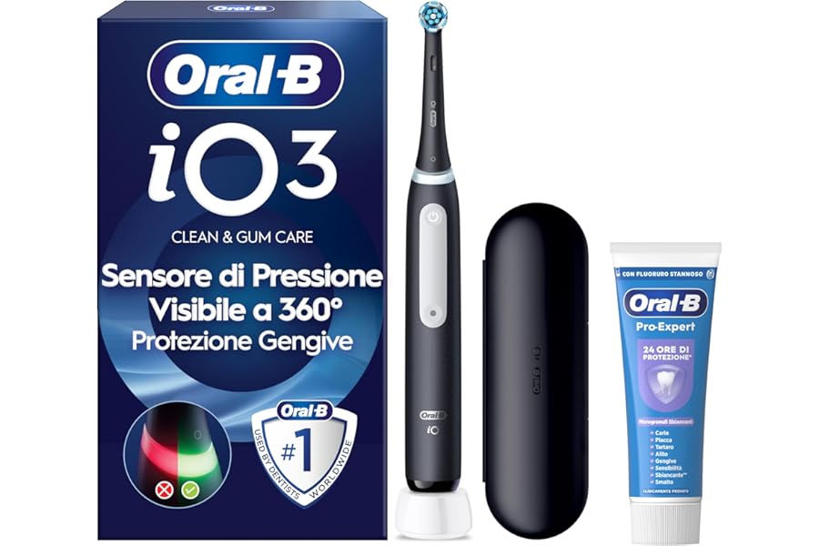 Oral-B iO 3 Electric Toothbrush, 1 Head, Case, Toothpaste, Black – 1 Replacement Heads for Electric Toothbrush, Rechargeable + 1 Pro-Expert Toothpaste Gentle Whitening