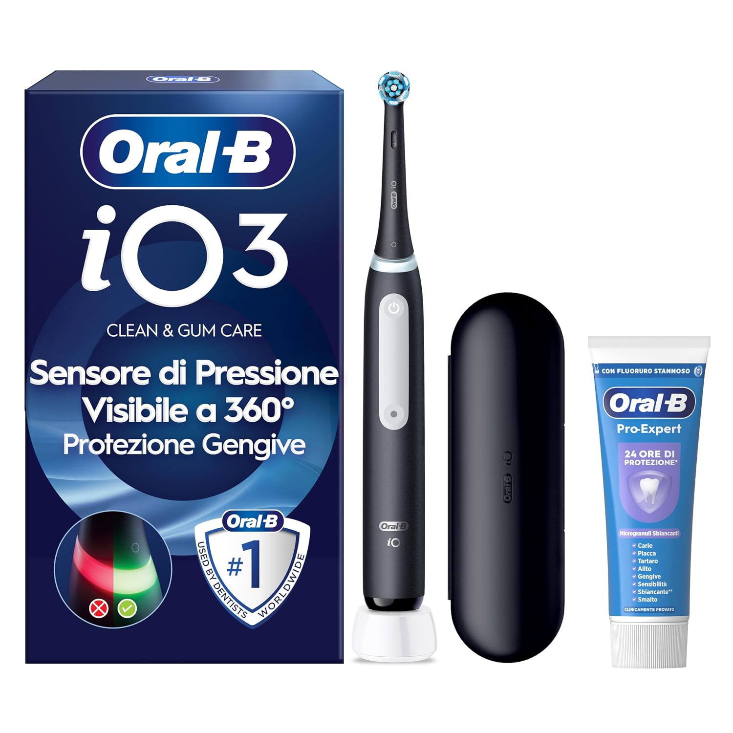 Oral-B iO 3 Spazzolino Elettrico, 1 Testina, Custodia, Dentifricio, Nero - 1 Testine di Ricambio per Spazzolino Elettrico, Ricaricabile + 1 Dentifricio Pro-Expert Sbiancante Delicato