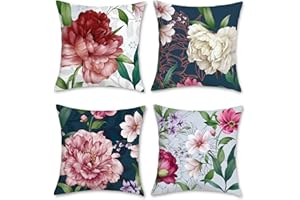 Bonhause Poszewki na poduszki z motywem piwonii, 45 x 45 cm, różowe, kwiatowe, dekoracyjne, miękkie, aksamitne poszewki na poduszki, na sofę, łóżko, ogród, patio, dekoracja domu, zestaw 4 szt