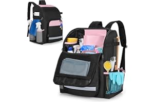 LoDrid Cleaning Caddy Bag with Thickened Adjustable Shoulder Straps, Large Cleaning Organizer with Multiple Pockets for Cleaning & Housework Black and Pink (Patent Designed)