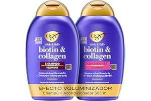 OGX Set Biotin & Collagen Thick & Full+ Shampoo y Conditioner, set champú y acondicionador con Biotina y Colágeno, texturizador de cabello para 72h de volumen, tensioactivos sin sulfatos, 2x385 ml