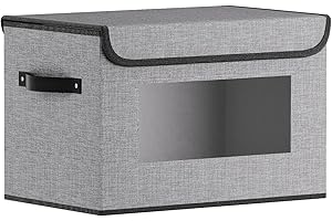YheenLf 1 Piezas Caja de Almacenamiento, Cajas Organizadoras Armarios con Ventanas y Tapas Transparentes, Cesta Almacenaje para Guardar Ropa, Libros y otros Artículos, Gris, 33×23×20 cm