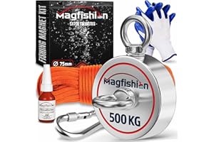 MAGFISHION Calamita Potente - Set di Magnete da Pesca - Forza di Trazione 500KG (2x 250kg) - Ø75mm - Magneti al Neodimio - Calamite Potenti con Corda (20M) & Guanti - Magnet Fishing