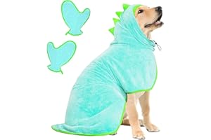 JOLOVE Dog Drying Coat Super Absorbent Dog Towels for Drying Dogs for After Bath Soft Dog Drying Towel Adjustable Dog Bathrobe for Bath, Swim, Wet Walk (Blue Dinosaur, XL)