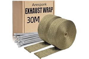 Bande Thermique Echappement, Arespark 2 Rouleaux 15m (Total 30m) Doré Ruban Isolant Thermique Fait de Fibres de Basalte avec 24 Collier Serrage Inox, pour Collecteurs d'Echappement Moto et Voiture