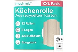 ‎MACH MIT WEPA 32 x Küchenrolle 3-lagig - 128 Halbblatt pro Rolle – frei von Bleichmitteln – Made in Germany - aus recyceltem Karton – extra saugstark & umweltschonend - recycelbar – Küchenpapier – mach m!t Pure