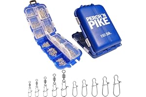 ‎PERCH`N PIKE PERCH`N PIKE 150 Wirbel & Snaps im Set inkl. Box Duo-Lock Snap, 8-33 kg, Angelwirbelset zum Spinnfischen für Hecht, Barsch, Zander und Forelle, Angelwirbel Set Karabiner