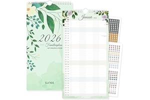 SUNEE Family Calendar 2026 5 Columns, 12 Month Calendar Family Planner 2026 with Sticker, 22.8 x 43 cm, Monthly View Wall Calendar with Holidays, Ideal for Family Organisation