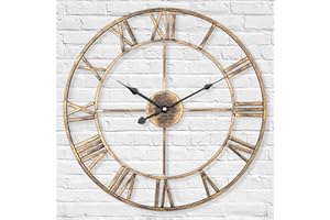 LENAUQ Silent Metal Skeleton Wall Clock, 47cm European Farmhouse Vintage Clock with Roman Numeral, Non-Ticking Battery Operated Hanging Wall Clock for Home Kitchen Cafe Hotel Office Decor(Gold)