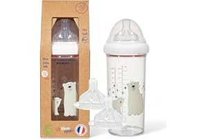Le Biberon Français - Biberon Anti-Coliques Premium 6 Mois et Plus + 2 Tétines en Pur Silicone - Biberon 360ml à Col Large - Léger et Durable - Tétine à 3 Vitesses en Silicone Pur (Ours+T)